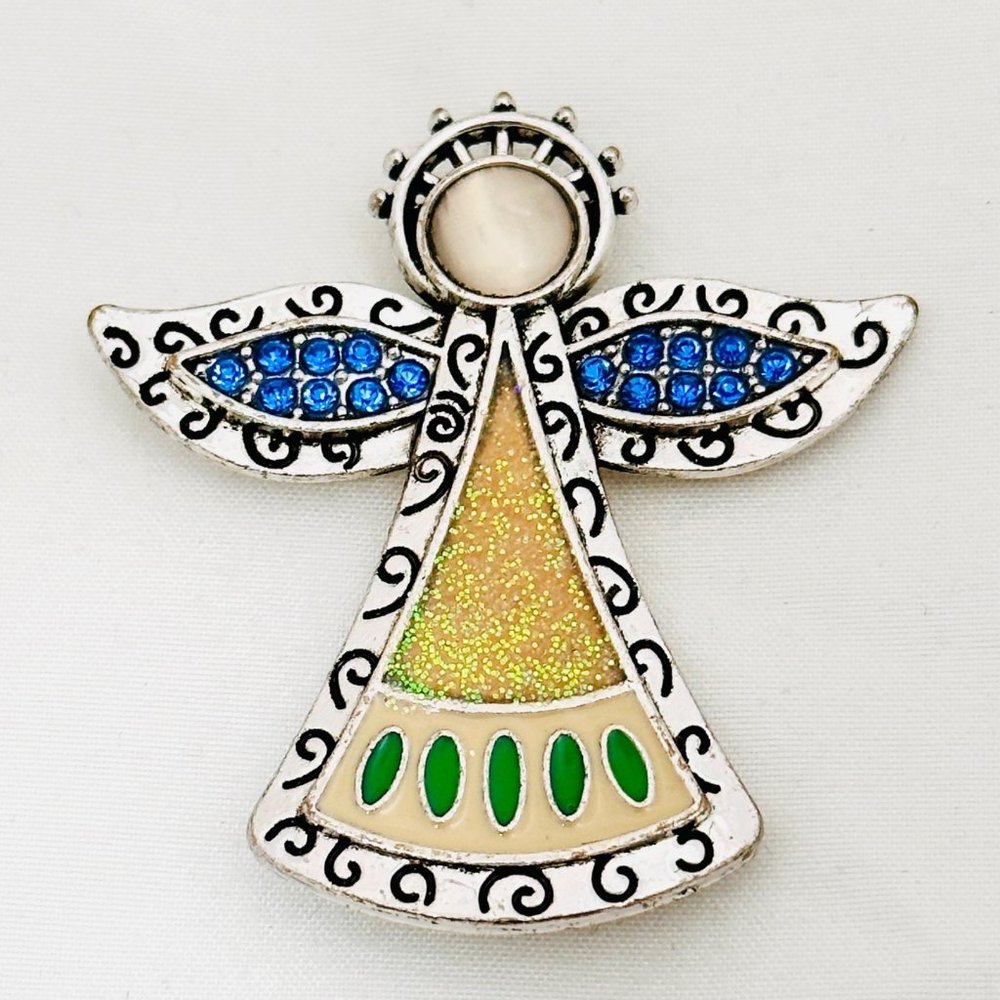 Angel Brooch w/Blue Rhinestone Silver Tone